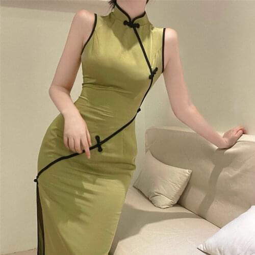 Vintage avocado green bone-modified cheongsam summer new sleeveless satin Chinese wind dress girl vestidos de mujer