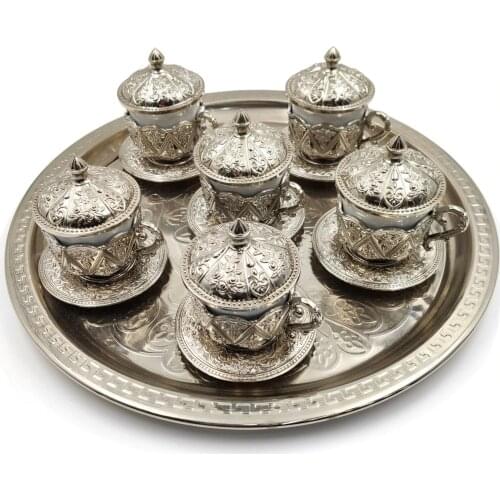Handmade authentic Design Turkish Greek Arabic Coffee Espresso Set for 6 Service, Cups Saucers Lids Tray Delight Candy Dish GIFT