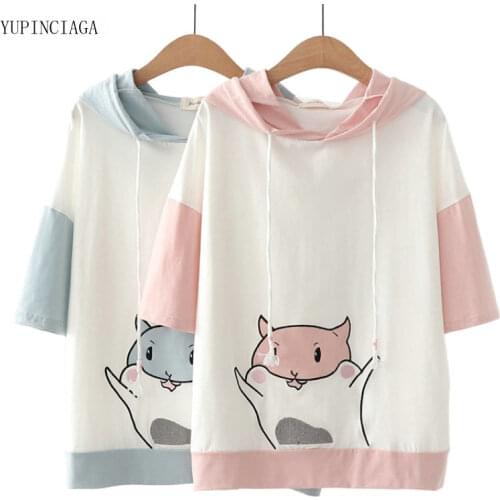 Casual Cartoon Animal Embroidery Cotton Hooded Short Sleeved Sweatshirt 2021 Summer Hoodies Femme Harajuku Pullovers 2115052