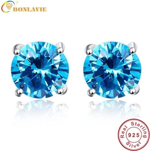 BONLAVIE Topaz Earrings Wholesale 925 Sterling Silver Stud Earrings Round 5.9ct Blue Topaz Stud Earring for Women Wedding
