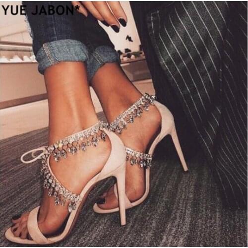 Crystal Shoes Summer bling bling rhinestone tassel Woman sandals lace up Sexy Pumps 10cm thin heel female Suede Gladiator Sandal