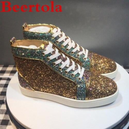 Sequined Cloth Mens Casual Shoes High Top Flats Shoes Men Mixed Color Leisure Shoes For Men Hip Hop Glitter Zapatillas Hombre