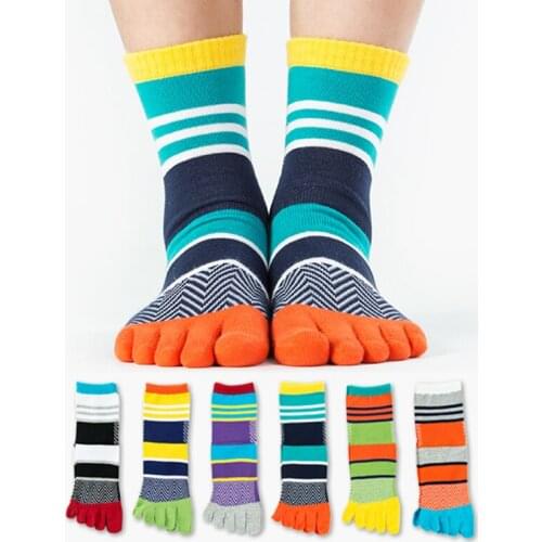High Quality Brand Mens Summer Cotton Calcetines Striped Contrast Colorful Women Mens Socks 5 Five Finger Socks
