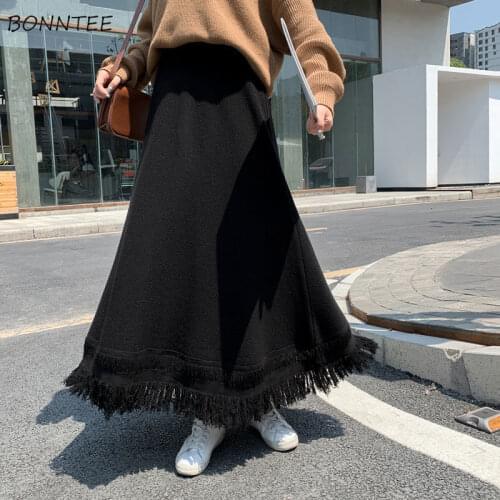 Skirts Women Solid Elegant Knitting Classic Chic Tassel Mid-Calf Design Loose Temperament Korean Style Soft Popular Charm Autumn