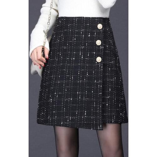 Womens autumn winter woolen skirts irregular vintage plaid skirt high waist mini skirt elegant black jupes mujer faldas