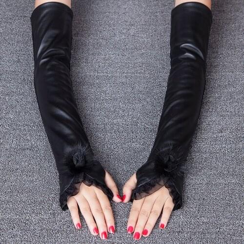 2020 New Sheepskin Gloves Female Winter Genuine Leather Arm Warmers Classic Black Long Style Women Fingerless Mittens MBL100
