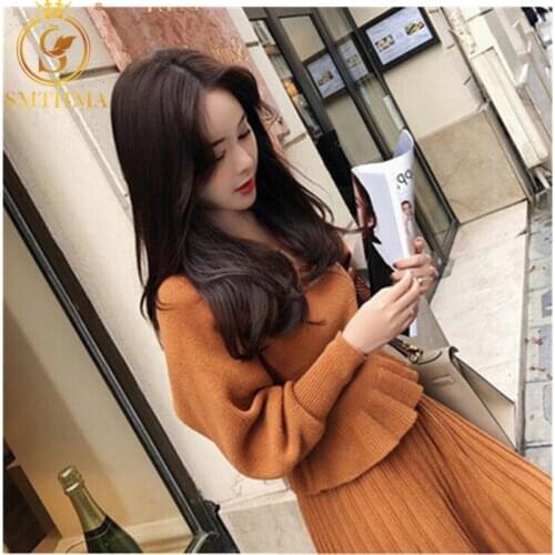 SMTHMA 2021 New Arrival Winter Runway Ruffled Sexy V-Neck Women Sweater Two Piece Set +Elastic Waist Pleated Skirt Women Set