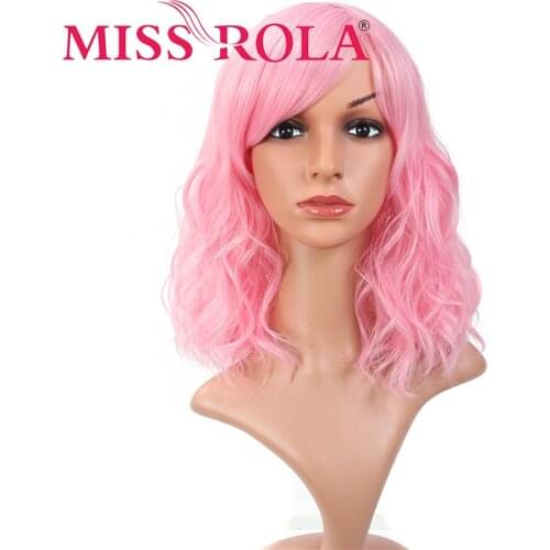 MISS ROLA Short Bob Wavy Synthetic Wig Pink Hair Heat Resistant for Women Party Cosplay Daily Wear