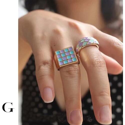 GHIDBK Lovely Candy Color Square Plaid Rings For Women Geometric Colorful Rhombus Enamel Chunky Metal Ring Stacking Jewelry