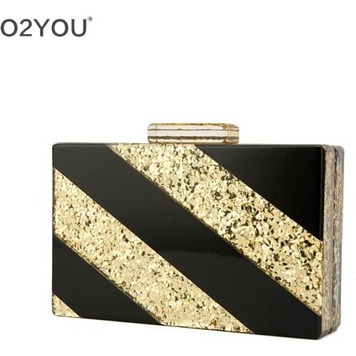 Gold Glitter Solid Black Striped Patchwork Acrylic Wallet Purse Bag Women Shoulder Evening Lady Beach Summber Acrylic Clutch Bag