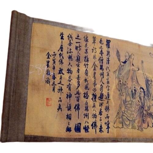 Buddhism pattern Silk Paper Chinese Ancient Painting 1 hundred Buddha Scroll