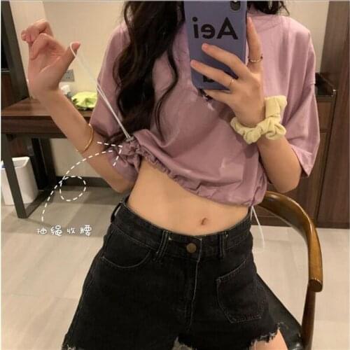 Spring Summer New T-shirt Women Solid Color Short Sleeve O Neck Drawstring Waist Women Tops Short Length Tshirt Women