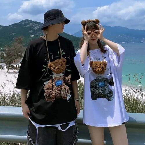 Print T-shirts Loose Black White Bear Cute Shirt Hip-hop Couple New Kawaii Student Girls Clothes Funny Japan Boys Tops Male
