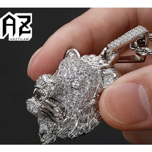 AZ Hip Hop Iced Out Lion Head Pendants Necklace Bling Zircon Stone Long Link Chain Necklaces For Men Goth Jewelry Free Shipping