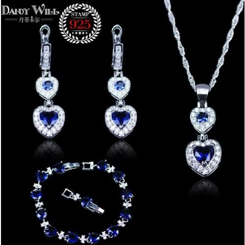 Trendy Heart in Heart Blue Cubic Zirconia White CZ silver color Jewelry Sets For Women Earrings/Pendant/Necklace/Bracelet