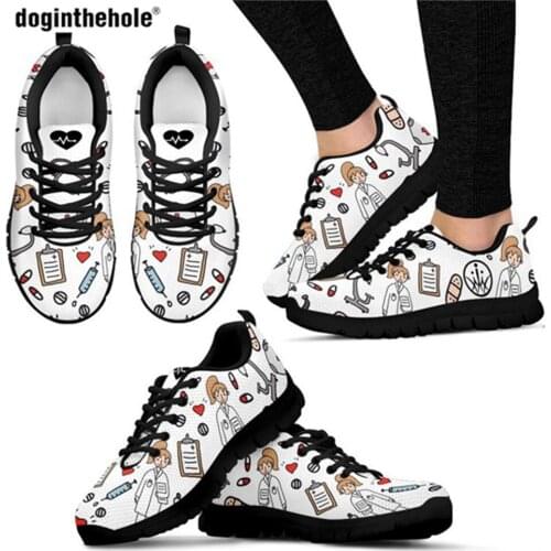 DogintheholeCartoon Sketch Physio Print Flats Shoes Women Casual Mesh Summer Nurse Sneaker Light Lacing Footwear for Teen Girls