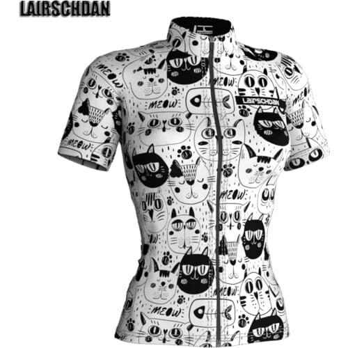 LairschDan 2021 White Cartoon Cat Ladies Cycling Jersey Bicycle Clothing Women Racing MTB Tops Bike Jersey Shirt Maillot Mujer
