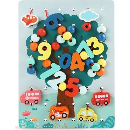 Cartoon Scenes Digital Blocks Kids Wooden Toys Cognition Stringing Threading Beads Game Educational Toys for Children