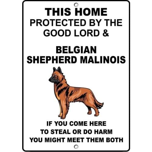 Room Belgian Shepherd Malinois Dog Protected by Good Lord Retro Metal Tin Sign Plaque Poster Wall Decor Art Shabby Chic Gift