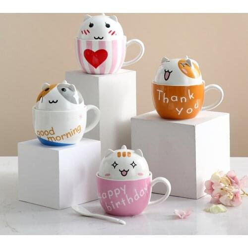 New Cute Cartoon Ceramic Mug Cup With Bowl Lid Creative Cat Pattern Mugs Coffee Cups Tea Breakfast Milk Cup Oatmeal Cereal