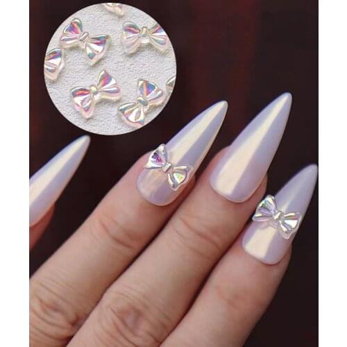 30/100Pcs 3D Nail Charms Glitter White AB Rhinestones 7.5x11mm Bow Ties Resin Nail Art Decorations DIY Tools