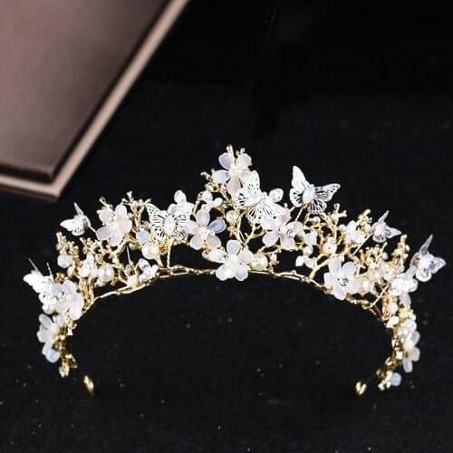 Vintage Gold Hairbands Luxury Crystal Butterfly Flowers Brides Crown Wedding Tiaras Headband Simulated Pearl Women Accessories
