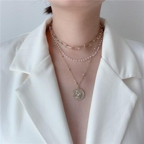 New Multi Pearl Chains Choker Necklace for Women Chunky Jewelry Vintage Metal Coin Pendant Necklace Women Bijoux 2020