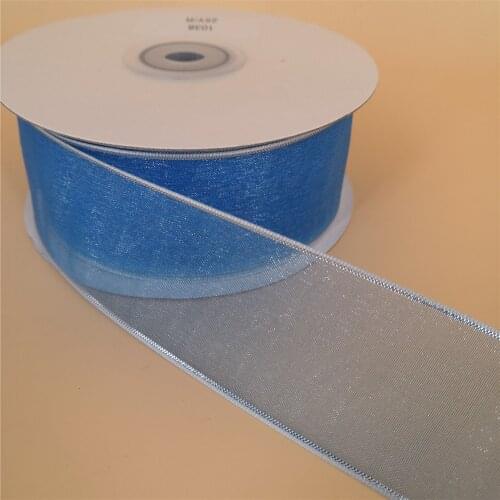 N1038 38mm X 25yards Wired Silver Lurex Edges Blue Organza Sheer Ribbon. Gift Bow,Wedding,Cake Wrap,Tree Decoration,Wreath