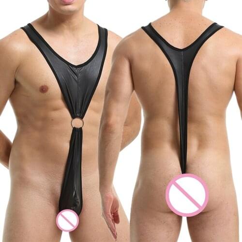 Sexy Lingerie Men Underwear Erotic Penis Pouch Faux Leather Undershirts Thongs Leotard Latex T-back Bodysuits Fetish Jumpsuits