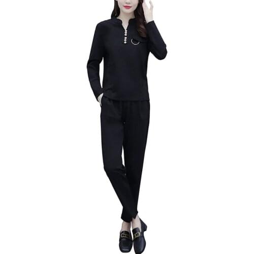 Spring Autumn Women Clothing Blakc Two Piece Set Sweatshirt Tops And Pants Metching Set Outfit Plus Size Sport Suit Tracksuit