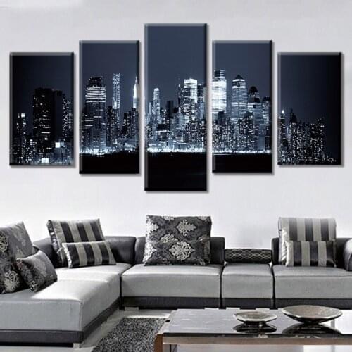 Cuadros Decoration Modern Poster 5 Pieces Black And White City Night View Canvas Painting Wall Art Pictures For Living Room