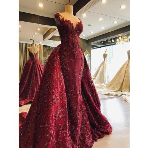 Burgundy Evening Dresses Plus Size Appliqued Bead Formal Prom Dress With Detachable Train Sweep Train Custom Made Robes De Soiré