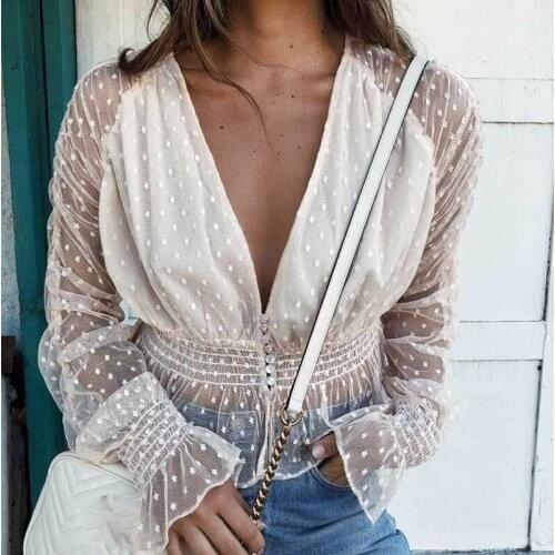 Englans Style Women Mesh Sheer Blouses Long Flare Sleeves Shirts Tops Lady V-Neck Polka Dots Tops See-through Women Shirts