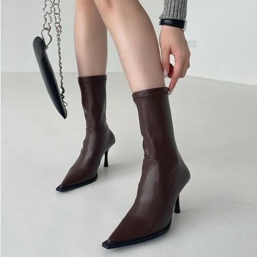 High Quality Women Ankle Boots Stretch Botas Thin High Heels Slip On Short Boots Fashion Chelsea Boots Black/White/Brown Boots