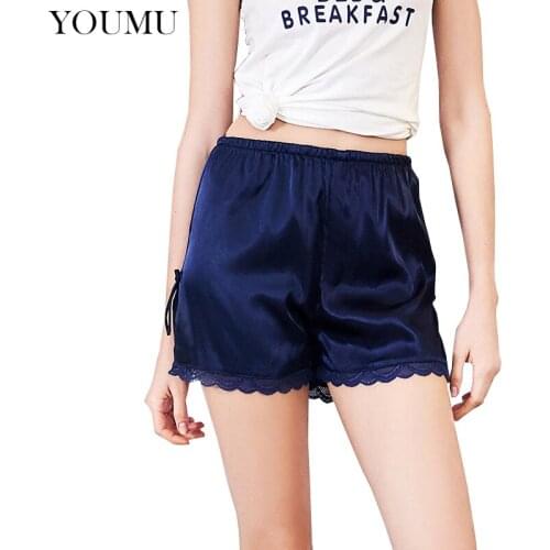Women Casual Lace Short Pants Faux Silk Solid Bow Elastic Waist 6 Colors Short Trousers Soft Sleeping Wear Fashion 200-A750