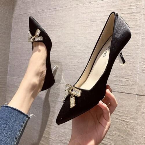 High heels womens stilettos spring and autumn 2020 new rhinestone shallow pointed plus size shoes 40 41 42 43