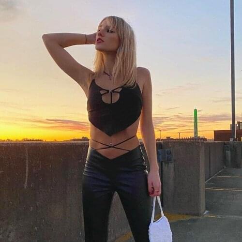 Fashion Black Halter Top Women 2021 Summer European American Style Sexy Hollow Out Bandage Backless Cropped Camisole T624