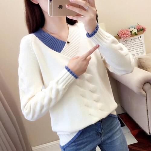 Women Knitted Sweaters and Pullovers Casual Long Sleeve Women Warm V-Neck Fall Jumper Korea Twist Female Solid Pull Blue Sweater