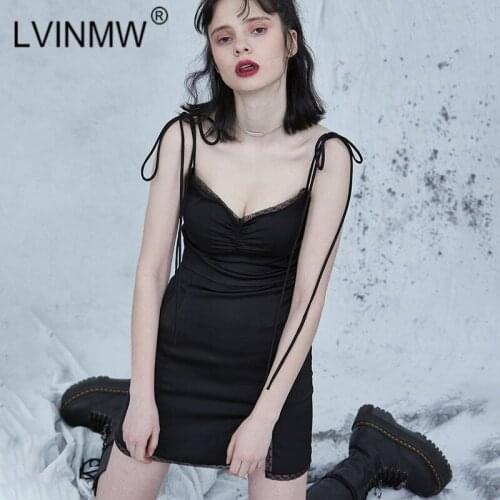 LVINMW Sexy Spaghetti straps Bow Lace Patchwork Slim Dress 2020 New Women Front Ruched V Neck Dresses Female Party Club Outfits