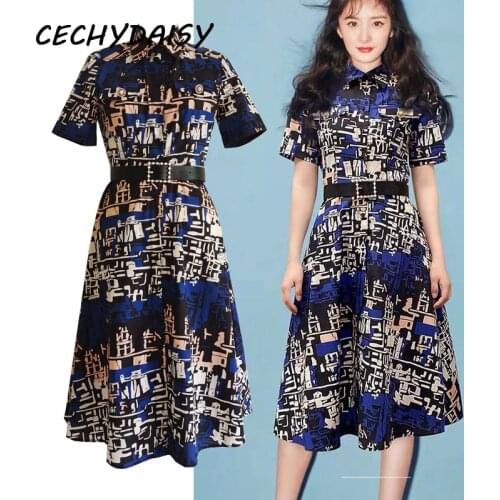 Runway 2021 Fashion Women Dress Turn-Down Collar Vintage Printed Short Sleeve Single Breasted Party Club Elegant Za Midi Dresses