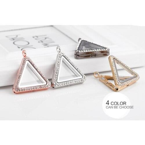 10pcs/lot Free Shipping 30mm Rhinestones Silver Triangle Locket Pendant Magnetic Memory Glass Living Floating Locket