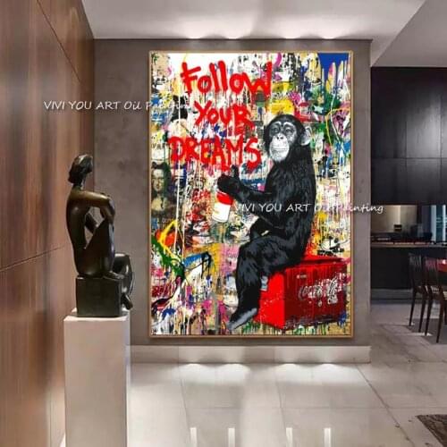 100% Handmade Abstract Monkey Colorful Oil Painting on Canvas Red Word Wall Art Picture Home Living Room Decoration Cuadros