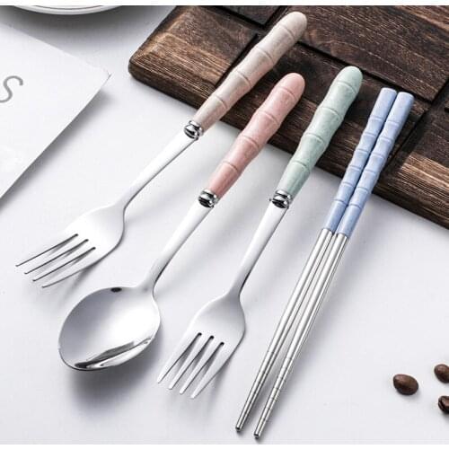 3pcs/set Japan Style Wheat Straw Stainless Steel Portable Travel Cutlery Set Fork Spoon Chopsticks Tableware Kitchen Accessories