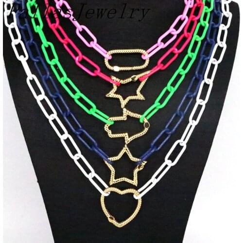 5Pcs Mix Color jewelry Neon enamel rolo link chain heart oval star Lip cross spring clasp lock women Necklace