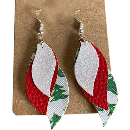 Exaggerated Triple New Christmas Tree Printed Feather Earrings Plaid Fringe Leather Earrings Layered Splice Leaf Earrings