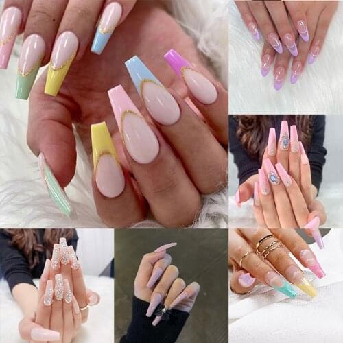 Long Extension Ballet Fake Nail Art Delicate Colorful Almond Design False Nails Tips Streak 2021 for Professionals free shipping
