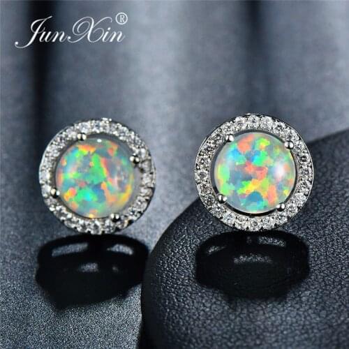JUNXIN Luxury Female Rainbow Fire Opal Stud Earrings For Women Silver Color Round Blue Opals Zircon Earring Studs