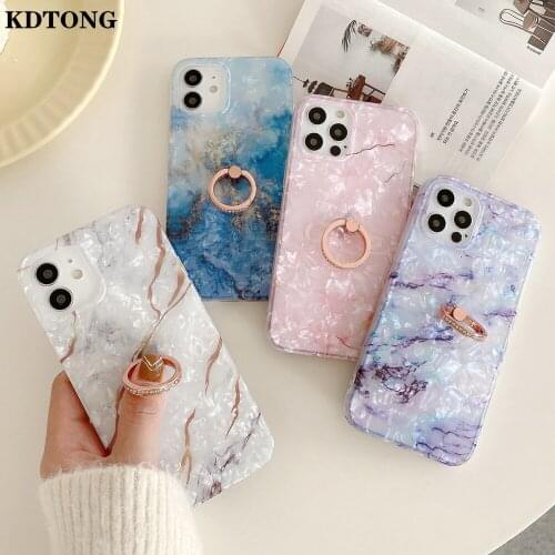 Shell Pattern Phone Case for iPhone 12 Mini 11 Pro Max XR XS SE 2020 7 8 Plus Etui Soft IMD Marble Ring Holder Shockproof Cover