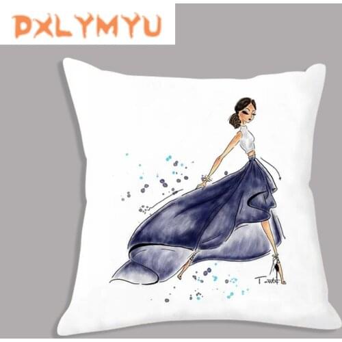 Fashion Cushion Soft Plush Pillowcase Watercolor Woman Painting Print White Decorative Cushion for Waist Sofa Home Decor
