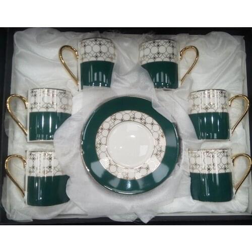 6 pcs Luxury Porcelain Green White Pattern Coffee Cup Pad Turkish cup set decorative stylish elegant cup set espresso